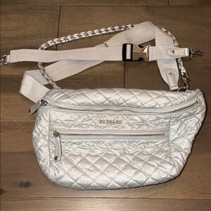 MZ Wallace Crosby Sling Oyster Silver Quilted Crossbody Bag